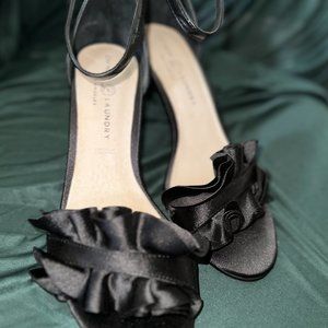 Black Satin Ruffle Sandals